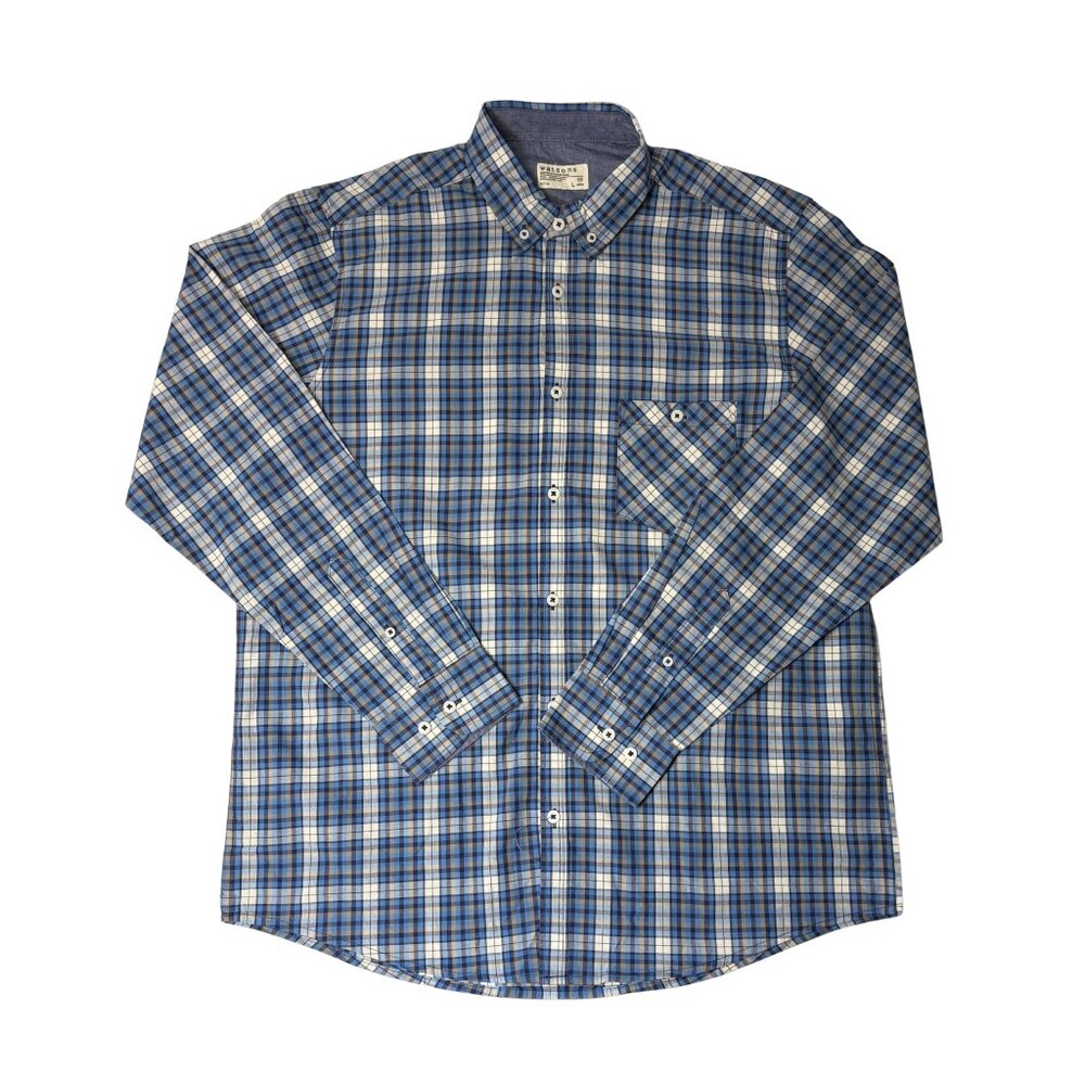 Watsons Men’s Blue Plaid Long Sleeve Button-Down Shirt – Size L